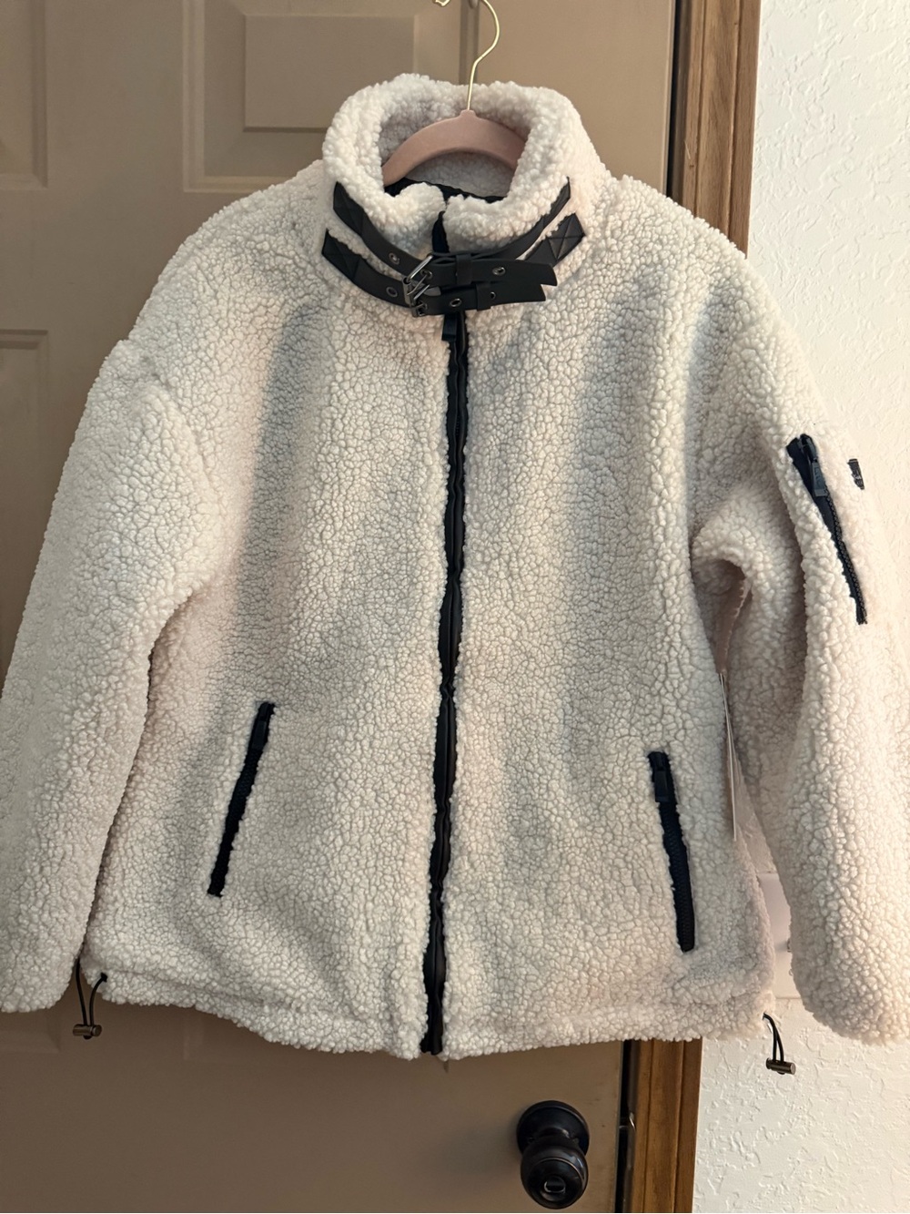 Women's Cream Sherpa Pea Coat with Contrast Trim
